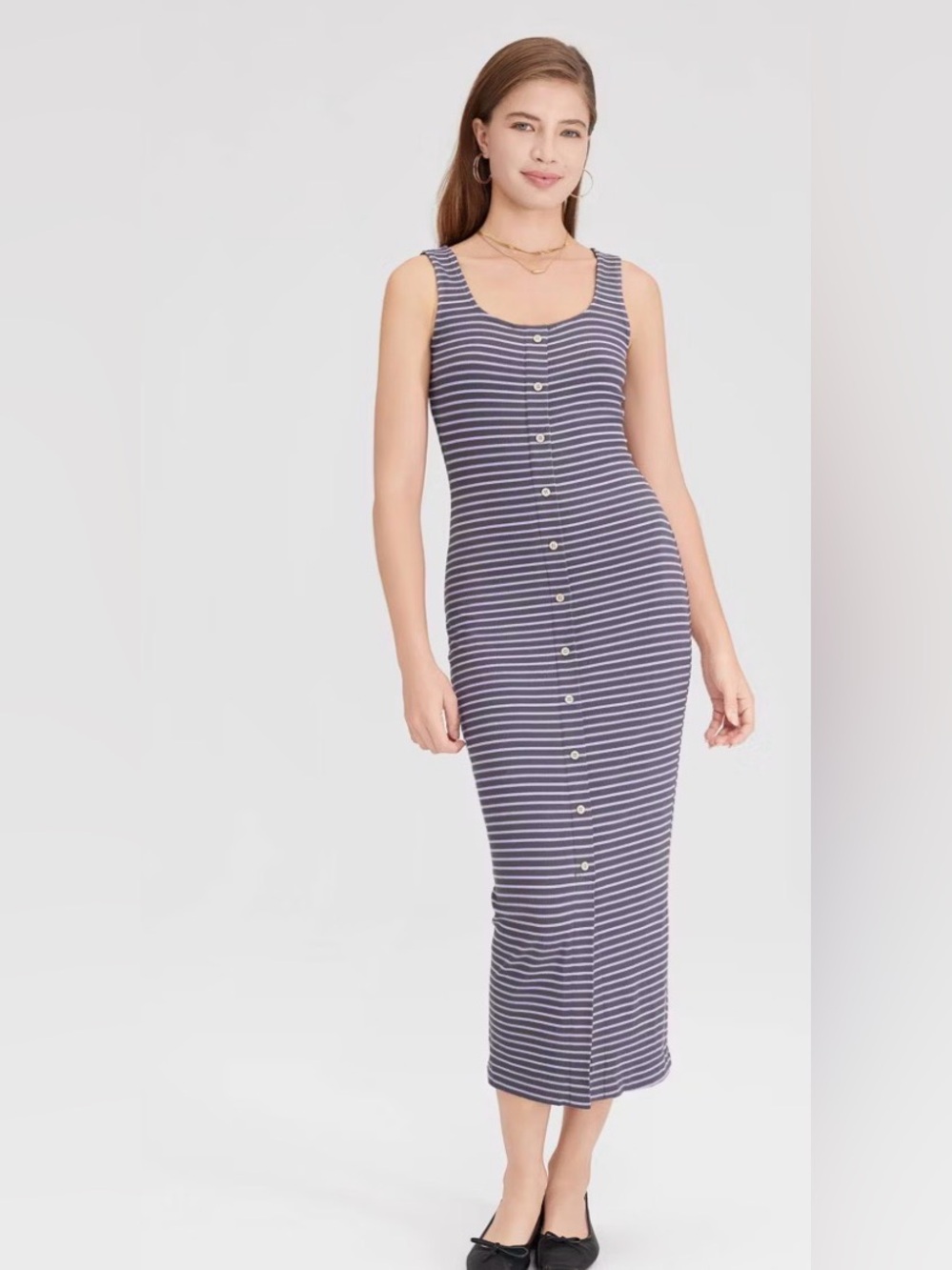 Striped Button-Front Tank Midi Dress in Navy and White
